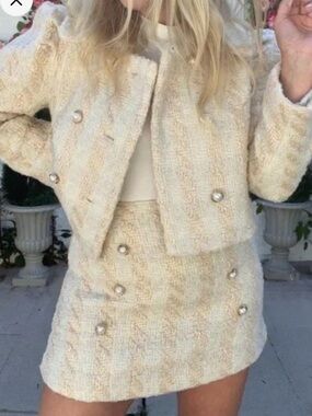 LoveShackFancy | Women’s ‘Harvest White’ Tweed Pearl-Button Cropped Jacket Sz 12